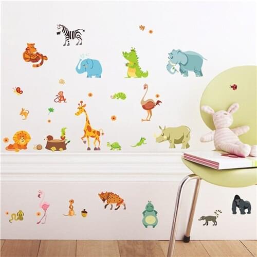 Jungle Animals Wall Stickers for Kids Rooms Safari Nursery Rooms Baby Home Decor Poster Monkey Elephant Horse Wall Decals