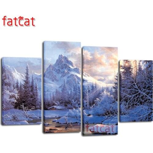 FATCAT 4 Pieces Snow mountain winter landscape Diy Diamond Painting Full Square Round Drill Diamond Embroidery Sale Decor AE1097