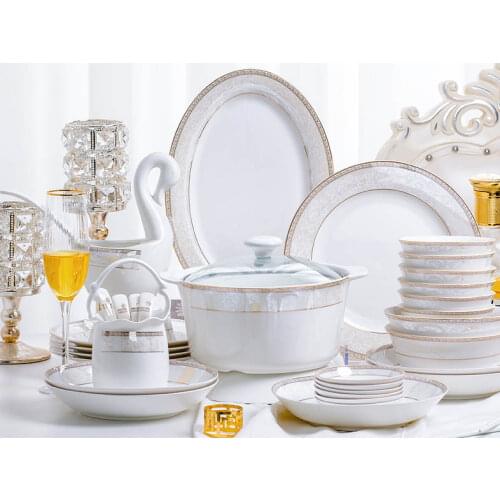 60 Heads European Style ceramic tableware Dish Rice Bowl Salad Noodles Bowl Plate Dinnerware Sets Kitchen Soup Pot Tablewear