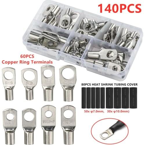 140PCS Car Auto Copper Ring Terminal Wire Crimp Connector Bare Cable Battery Terminals Soldered Connectors Assortment Kit