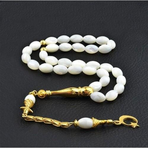 Gold Glitter Coated Whirling Dervish Model Barley Cut Mother Of Pearl Stone Rosary