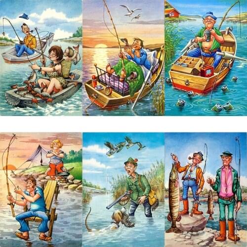 Tapb Cartoon Character Fishing On A Boat Pictures Oil Painting By Numbers Handpainted On Canvas DIY Art Handicrafts Wall Decor