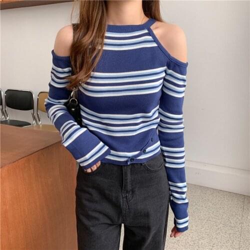 Niche design sense of cultivate ones morality show thin neck hung dew shoulder stripe long sleeve knit coat