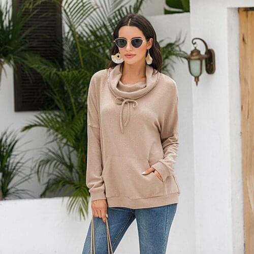 Autumn Solid Color Long Sleeve Pullovers Womens Clothing Half High Neck Drawstring Pocket Office Lady Casual Streetwear Tops