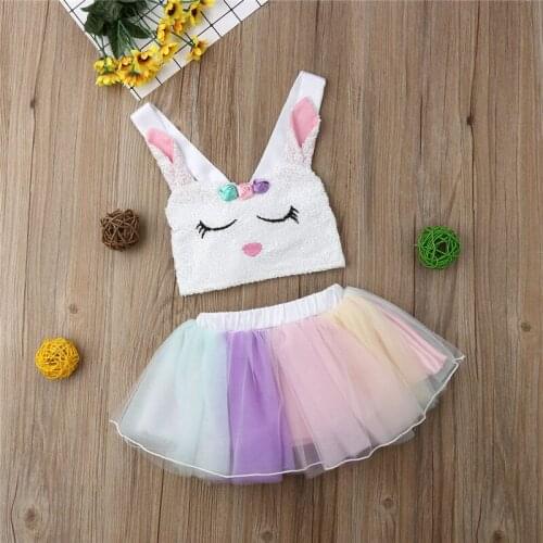 1-5T Kids Baby Girl Clothes set Cute Rabbit Cartoon Sequin Top Rainbow Tutu Skirt set Summer Sleeveless Princess Party Dress set