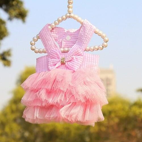 Dog Cothes Stripe Suspender Dress Pet Mesh Skirt Spring &Summer Cat Wedding Dress Sweet Cute Bowknot Lace Dress For Puppy