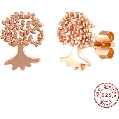 Luxury 925 Sterling Silver Tree of Life Earrings Vintage Fashion Rose Gold Silver Color Stud Earrings For Women Wedding Jewelry