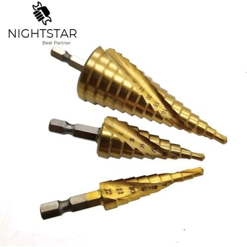 1 set Steel Titanium Coated Step Drill Bit Quick-change 1/4" Hex Shank w/ Bag
