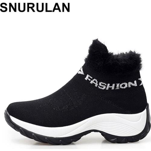 SNURULAN Large sizes 26 cm; winter womens shoes; platform ankle boots with warm fur; running shoes; lace-up sports shoes