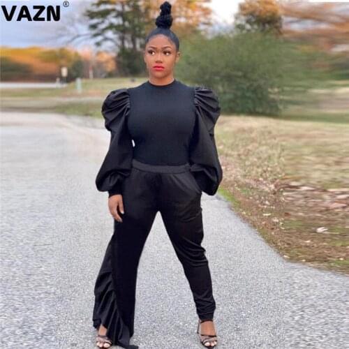 VAZN 2020 Hot Classic Black Daily Plus Size High-end Young Sexy Elegant Full Sleeve Group Long Pants Slim Women 2 Piece Set