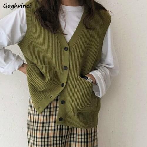 Knitted Sweater Vest Women Soft Stretchy Simple Basic Daily V-neck Solid Open-stitch Female Street-wear Vintage Korean All-match