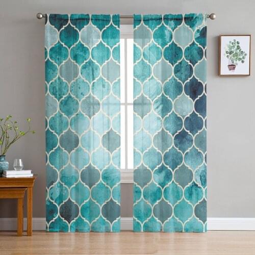 Moroccan Green Geometric Curtain For Living Room Transparent Tulle Curtains Window Sheer For The Bedroom Accessories Decor