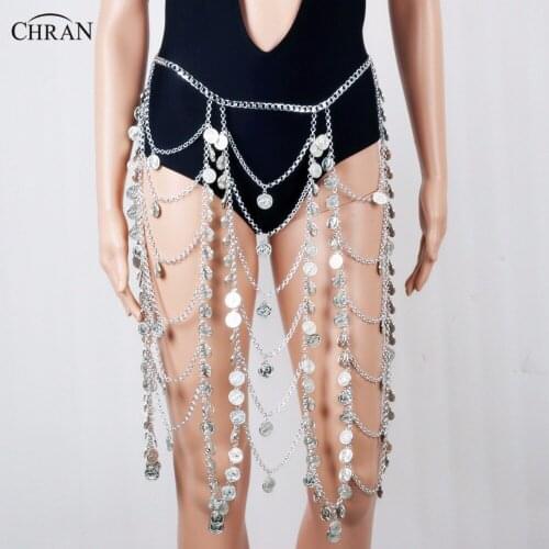Chran New Fashion Sexy Tassel Coin Belly Waist Chain Bikini Gold Silver Tone Body Chain Jewelry Gift For Women Dress CRBJ708