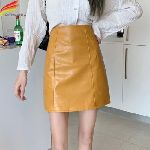 New 2021 Autumn PU Leather Skirt Women With Lining Korean Style Casual High Waist Mini Skirt Brown Yellow Whit Black Pink faldas