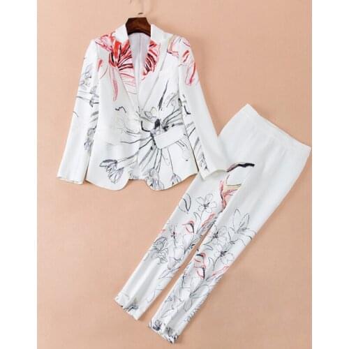 Stylish 2021 Newest Designer Runway Suit Set Womens Single Button Painting Floral Blazer Pants Set