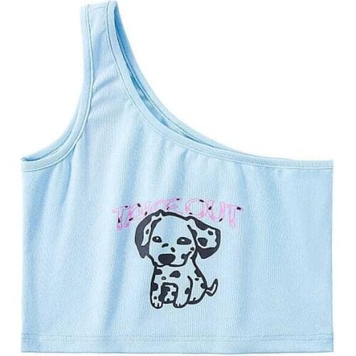 Puppy cartoon pattern print one-shoulder blue camisole tank top summer women short cropped top Korean kawaii y2k sleeveless vest