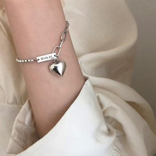 Lucky Girl Heart Fashion Box Chain Vintage Handmade Thai Silver Color Bracelet For Women Rectangular Brand Letter Jewelry SL2283