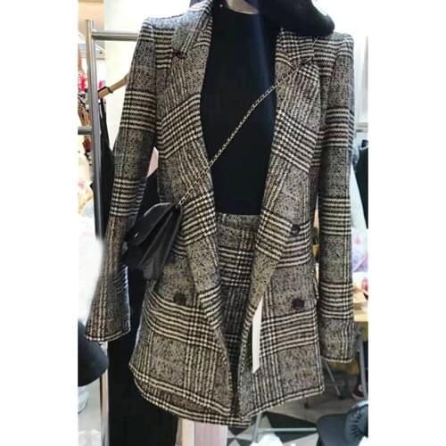 Korean Womens Suit Classic Plaid Wool Suit Jacket+Skirt 2 Pieces Set Women Female Clothing Sets Fashion Ladies Suits Streetwear
