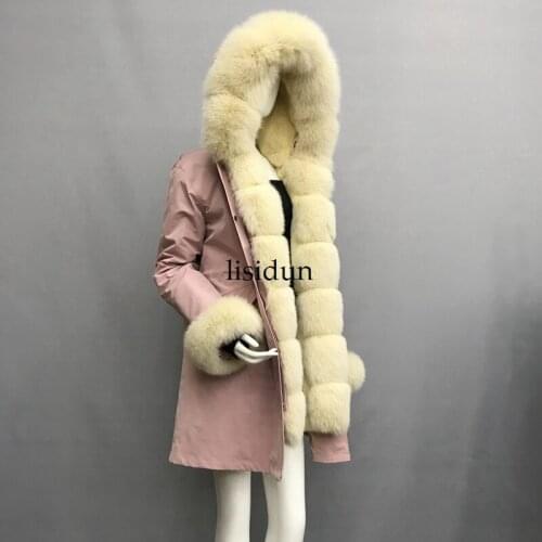 2019 natural fox fur coat Silver Fox collar plus size long winter Jacket Rex rabbit liner red fox hooded thick warm parks Disass