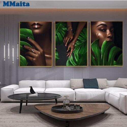3pcs 5D Diy Diamond Painting Nude Girl with Leaf Black Women Triptych Diamond Embroidery Full Square/Round Drill decor GG5335