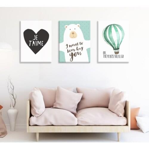 3PCS/Set Cute Bear Hot Air Balloon Heart Decorative Picture Childrens Room Kindergarten Frameless Canvas Painting Wall