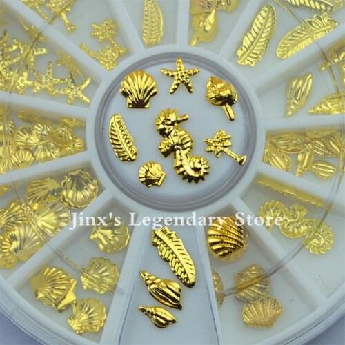 3D Gold Metal Nail Art Decoration Slice Decal Foil Wheel Manicure Jewelry Tips Tools Shell Conch Starfish Feather Design