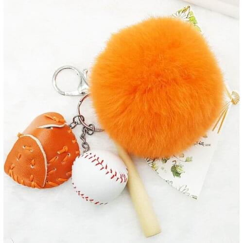 4pcs/set Baseball Set Key Pendant Rex Rabbit Fur Ball Baseball Leather Glove Wooden Racket Sports Souvenirs Cute Craft Memento