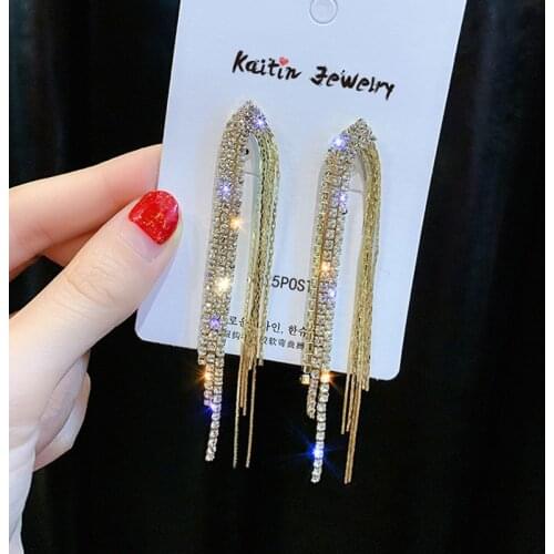 BLIJERY New Fashion Rhinestone Long Tassel Earrings for Women Hanging Dangle Drop Earrings Birthday Party Wedding Jewelry Gift