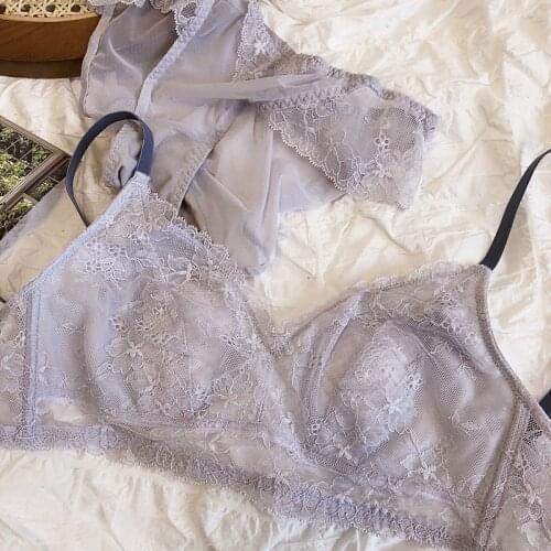 Wriufred Ultra-thin bunny ears big breasts bra gather and receive milk underwear set crystal cup lace bralette panty breathable