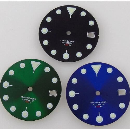 29mm Super Lume Watch Dial For NH35/NH35A Movement Date Window Black/Blue/Green Color For 3H/4H Crown Sunburst Watch Face