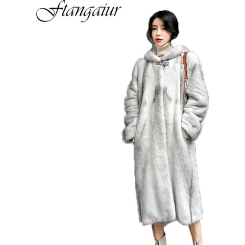Ftangaiur 2021 Winter Import Silver Cross Mink Fur Coat Women Loss With Fur Hood Mink Coat X-Long Natural Real Mink Fur Coats