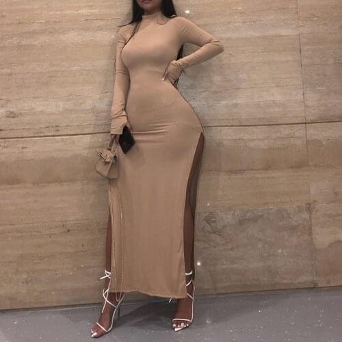Hirigin Turtleneck Long Sleeve Double Split Sexy Maxi Dresses Women 2021 Spring Autumn Ribbed Knitted Bodycon Dress