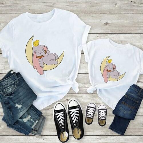 Sleeping Dumbo Cute Family Matching T Shirt Summer White Flying Elephant Printed Cartoon Kawaii Father Mother Kids Children Tops