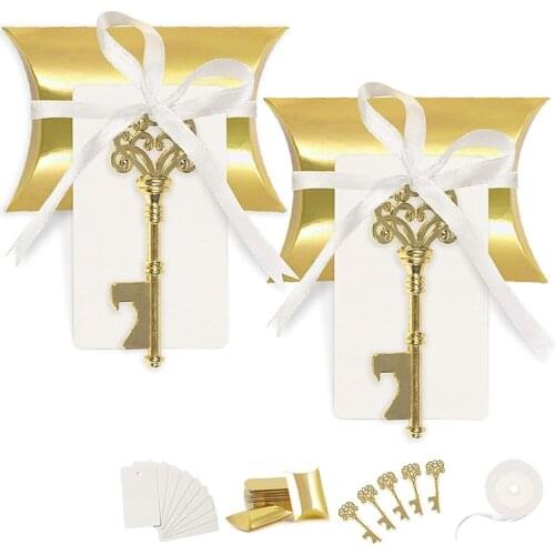 50 Set Wedding Favors for Guests Party Favor Vintage Key Bottle Opener with Escort Card Tag and Satin Ribbon