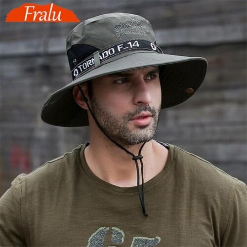 FRALU Summer Hats Men Sun Protector UV-proof Breathable Bucket Hat Large Wide Brim Hiking Outdoor Fishing Beach Cap Cowboy New