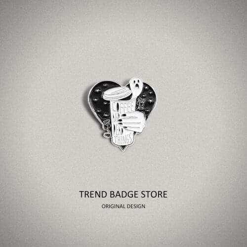 Creative Heart Shaped Black Rose Coffee And Dead Things White Little Ghost Personality Brooch Hat Badge Enamel Label Pins