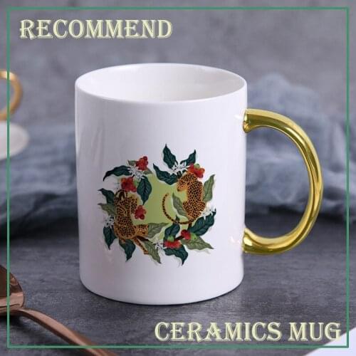 Leopard and flowers gold handle mug,fashion coffee cup advanced mug ceramic cup,simple Nordic teacup Drinkware gift KTZW-005