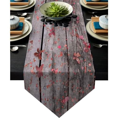 Modern Floral Tablecloth Red Leaves On Wooden Board Table Runner For Wedding Hotel Party Table Runners Home Decoration
