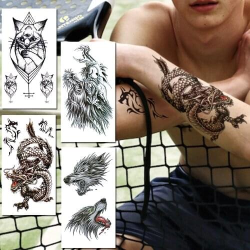 Cat Fake Temporary Tattoo For Men Women Lion Tattoos Sticker Realistic Dragon Wolf Body Art Arm Legs Geometric Draw Tatoo Sheets