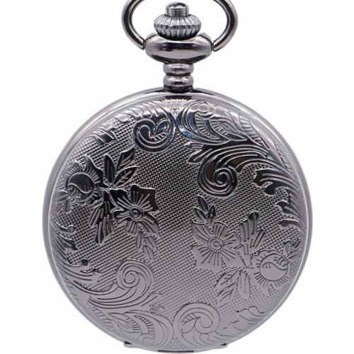 High Quality Vintage Silver Roman Numberal Black Dial Mechanical Pocket Watches Hand Wind Pendant Men Women Fob Chian PJX1360
