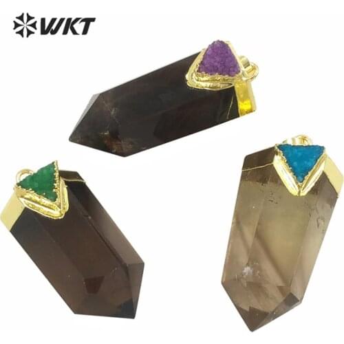 WT-P1609 Popular Women Gold Hexagona Quartz With Druzy Charm Pendant Wholesale Natural Tea Quartz Pendant