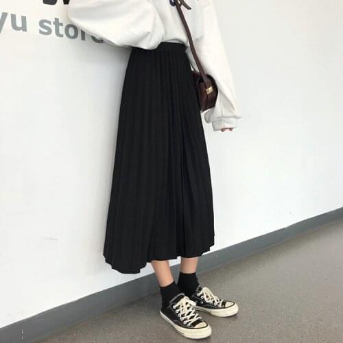 Fashion Womens High Waist Pleated Solid Color Length Elastic Skirt Promotions Lady Black creamy white Party Casual Skirts