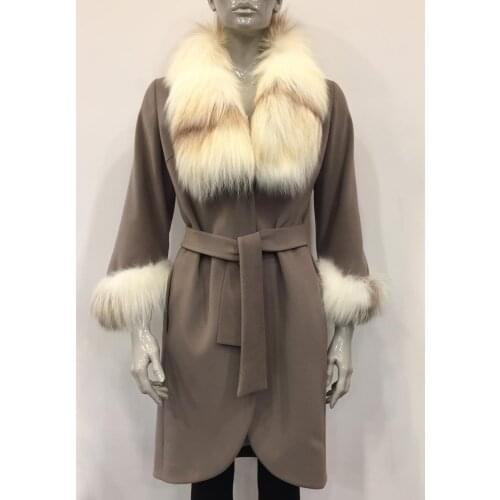 Womens Real Cashmere Winter Long Parka White Fox Collar Cuff Wool Plus Size Casual Naturel High Quality Elegant Outerwear Coat