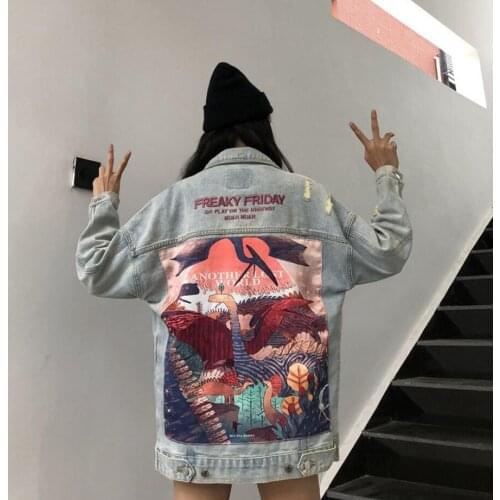 Harajuku Fashion Spliced Cartoon Dinosaur Denim jacket Womens clothing Light color Spring Casual Long Jacket Streetwear Styles