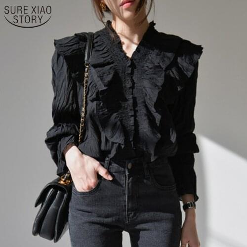 V-neck Woman Shirt Solid Blouse Women 2021 Spring Autumn Ruffle Long Sleeve Korean Tops Office Lady Clothes with Beige Black