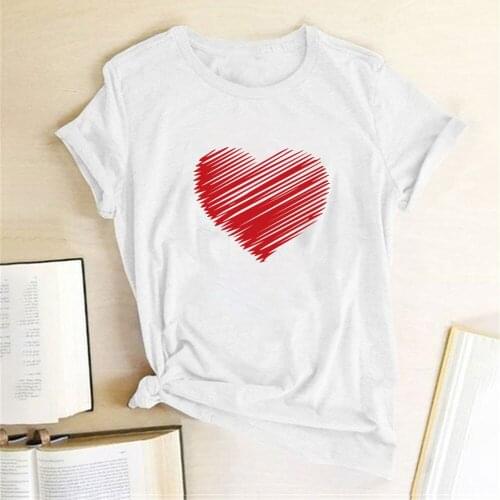 Striped Heart Printing T-shirts Women Summer Shirts for Women Sleeve Graphic Tee Harajuku Round Neck Tops Femme Camisetas Mujer