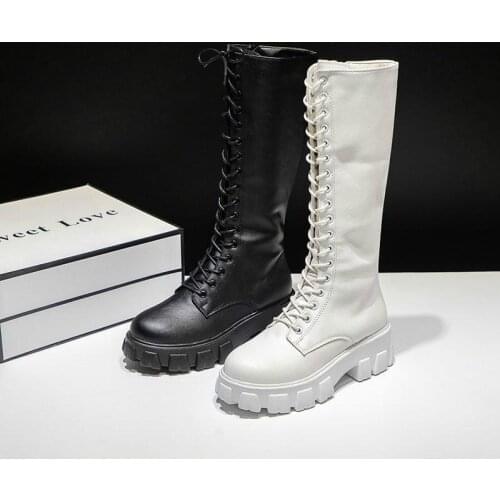 Fashion Women Cross Strap Pu Leather Boots Autumn Winter Knee High Boots Ladies Thick Sole Platform Mid-Calf White
