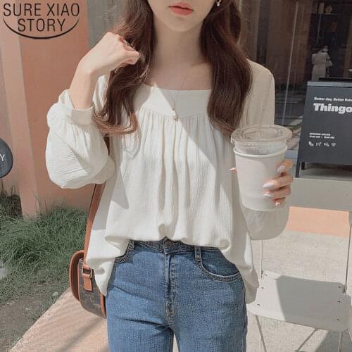 Women Tops Square Collar Blouses Clothes 2021 Autumn New Long Sleeve Loose Shirt Women Chiffon Shirt Apricot Blouse Blusas 11696