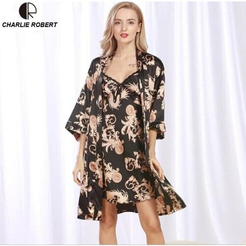 CR 2019 New Women Half Sleeve Robe Sets Robe & Nightgown Sexy Sleepwear Set Print Sleeping Dress AP404