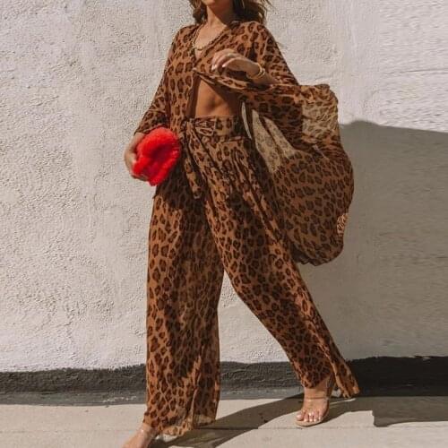 2020 Leopard Print Shirt and Wide Leg Pants 2 Piece Set Women Button V Neck Long Sleeve Suit Lady Elegant Autumn Two Piece Sets
